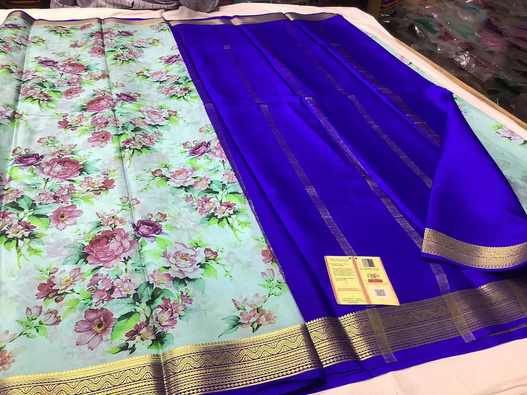 Premium Mysore Crepe Silk Saree With Statement Digital Print And Zari Trim
