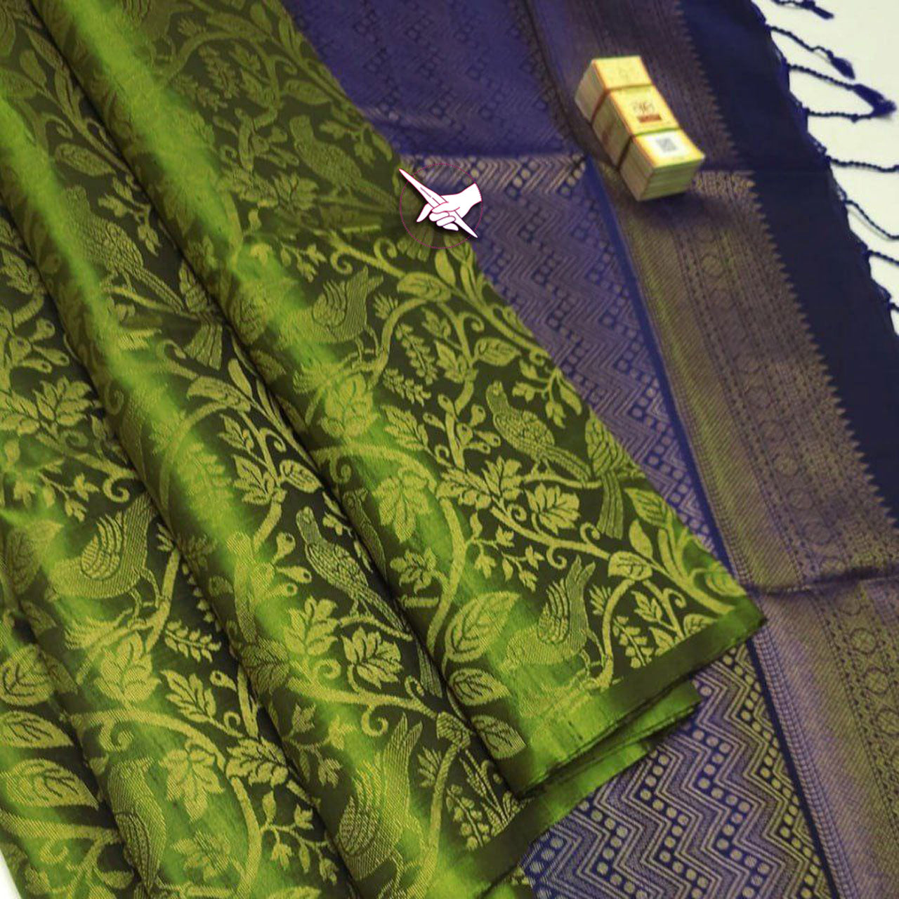 Fine Weave Lichi Silk Saree Green With Kanchipuram South Indian Design