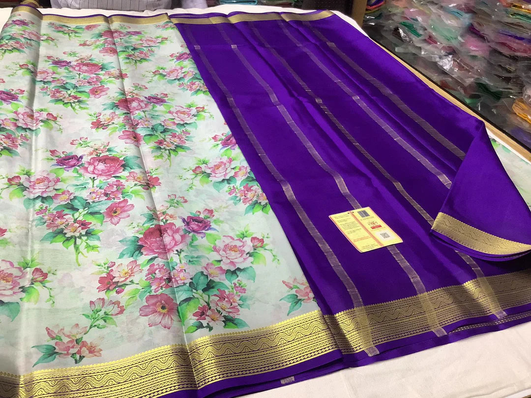Woven Zari Border Crepe Silk Saree With Rich Digital Designs From Mysore