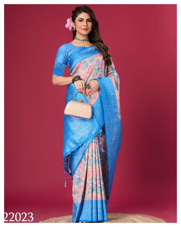 Designer Festive Saree In Blue Soft Silk With Digital Print Charm