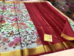 Digital Floral Print Saree In Mysore Crepe Silk With Gold Zari Work