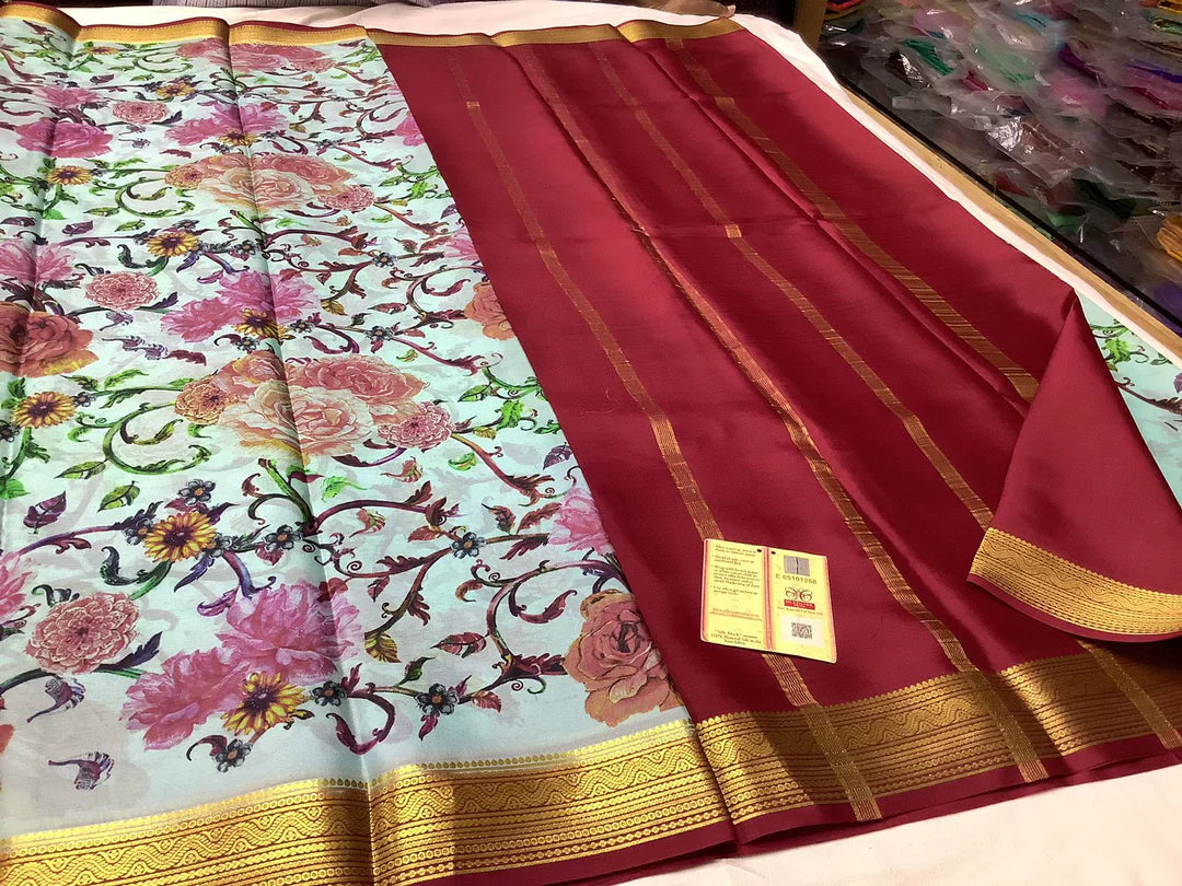 Digital Floral Print Saree In Mysore Crepe Silk With Gold Zari Work