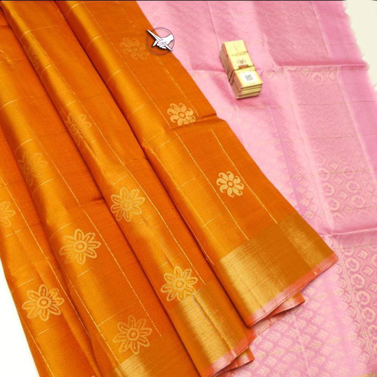 Alluring Orange Lichi Silk Saree Kanchipuram Weaving And South Indian Appeal