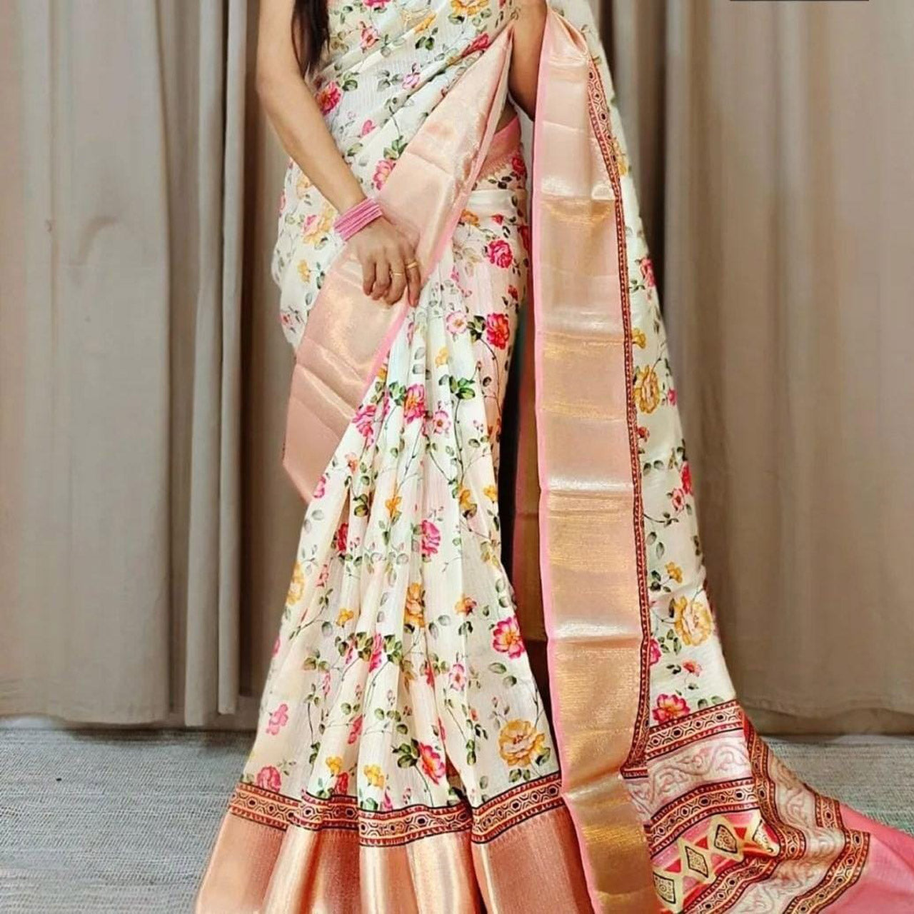 Beige Kota Zari Silk Saree Contemporary Digital Print For Ethnic Wear