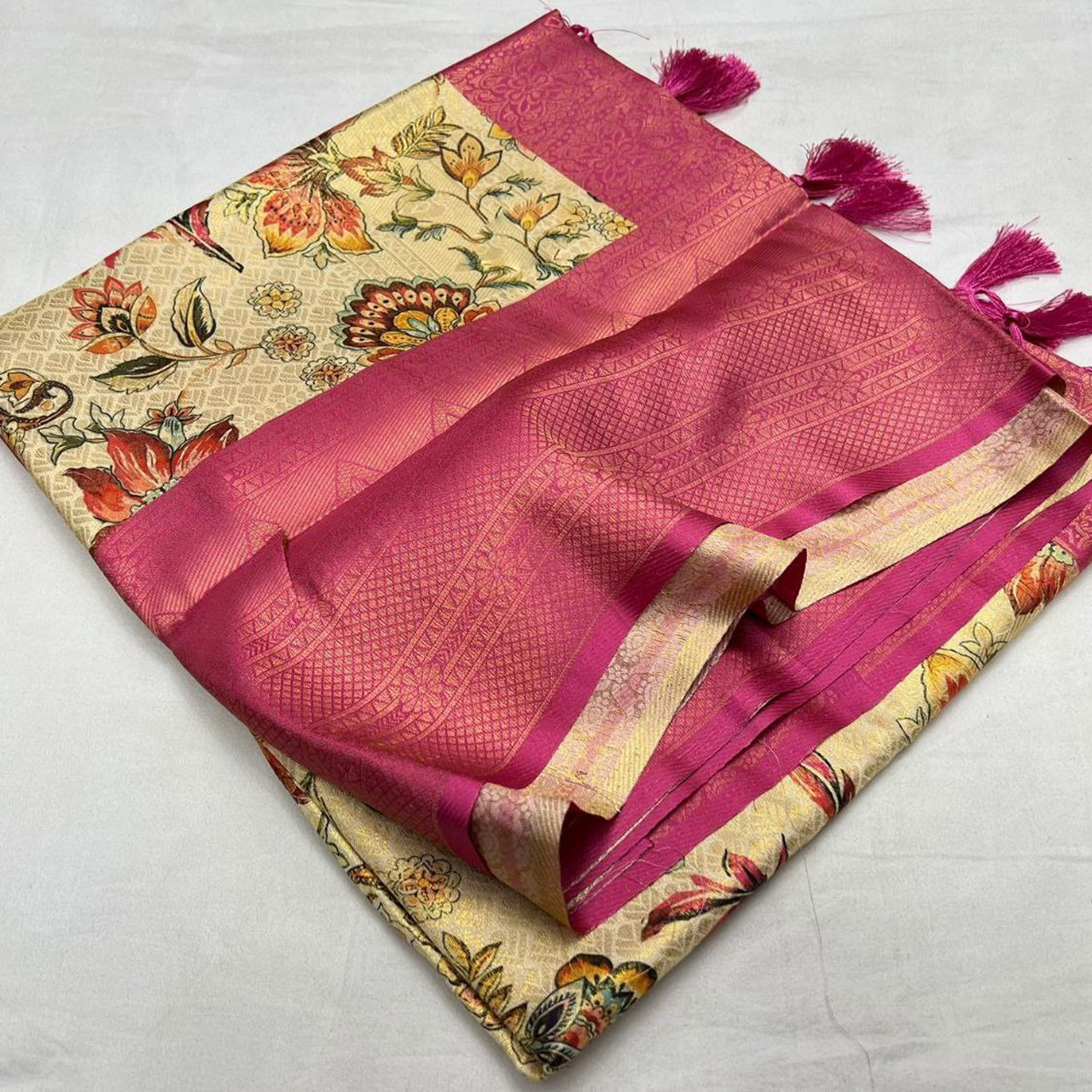 Beige Soft Silk Saree Digital Prints With Contrast Fancy Blouse