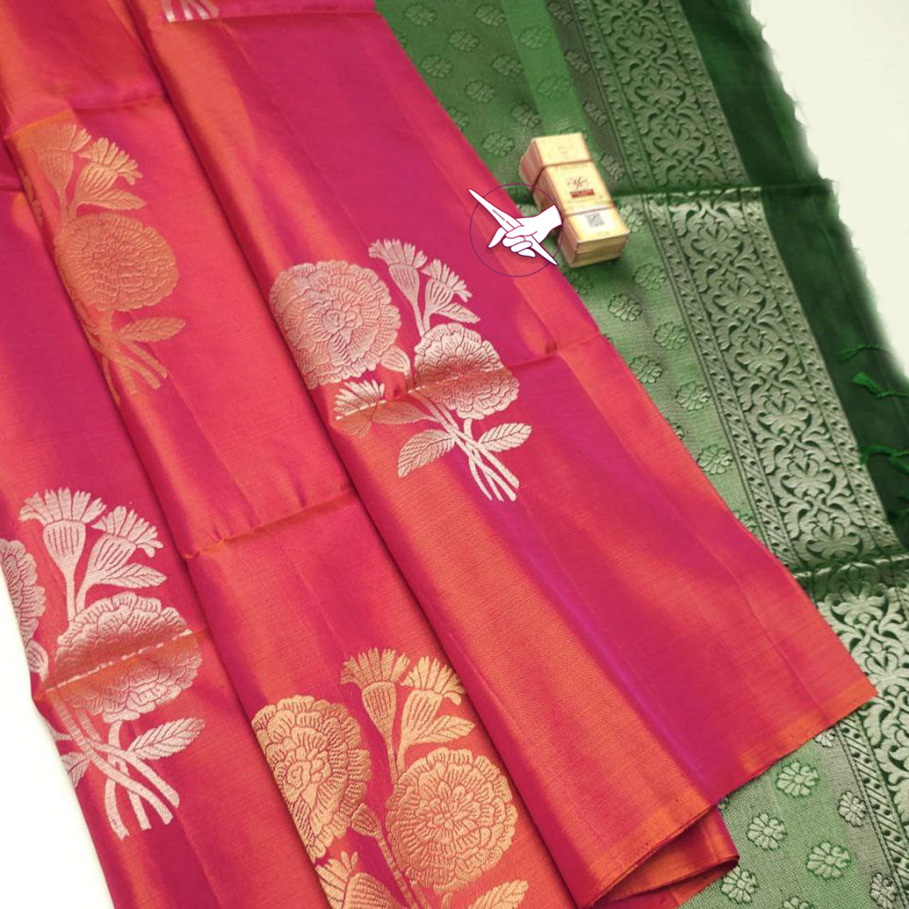 Bridal Peach Kanchipuram Silk Meena Work Saree With Heavy Zari Pallu