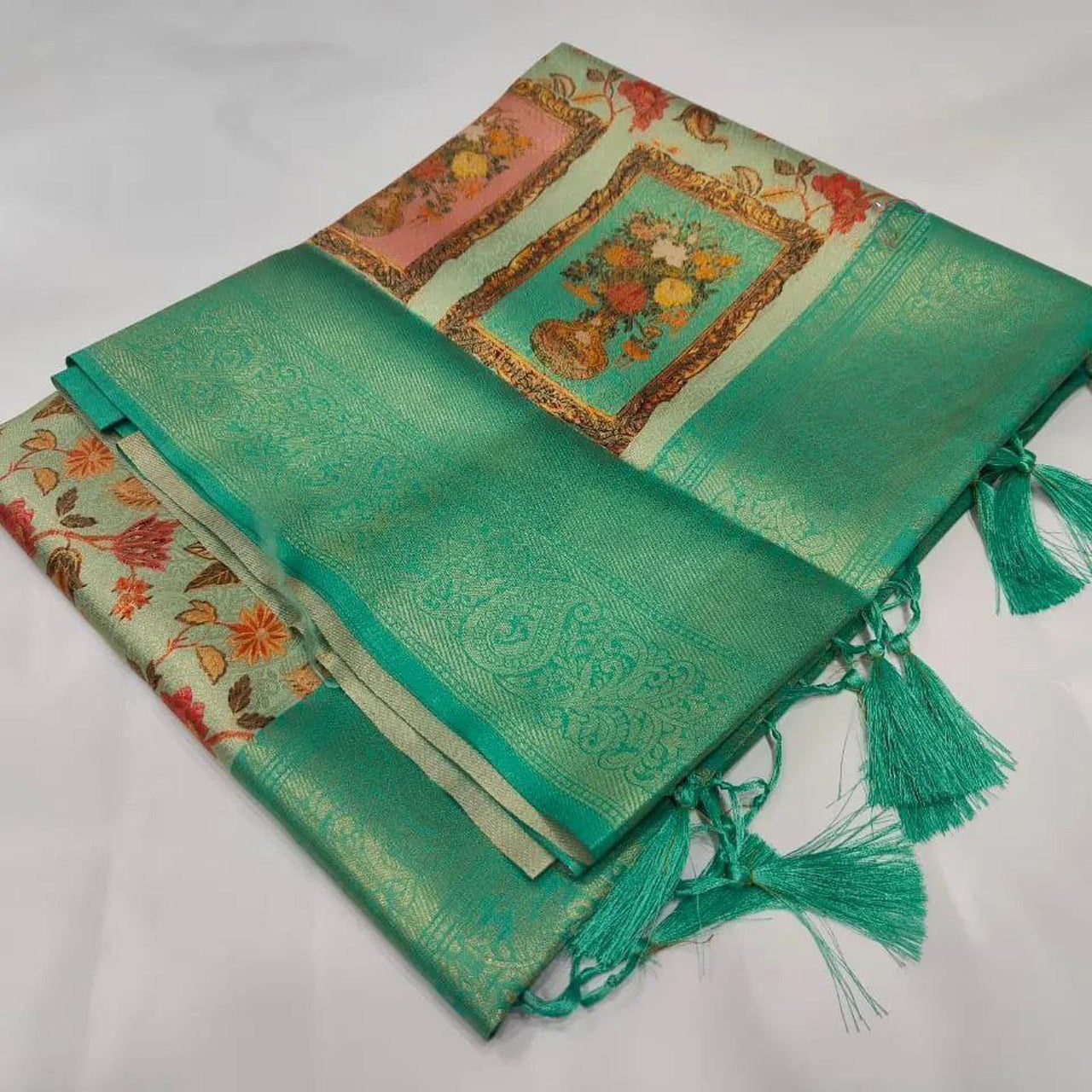 All Purpose Saree Sea Green Digital Printed Silk With Stylish Blouse Fabric