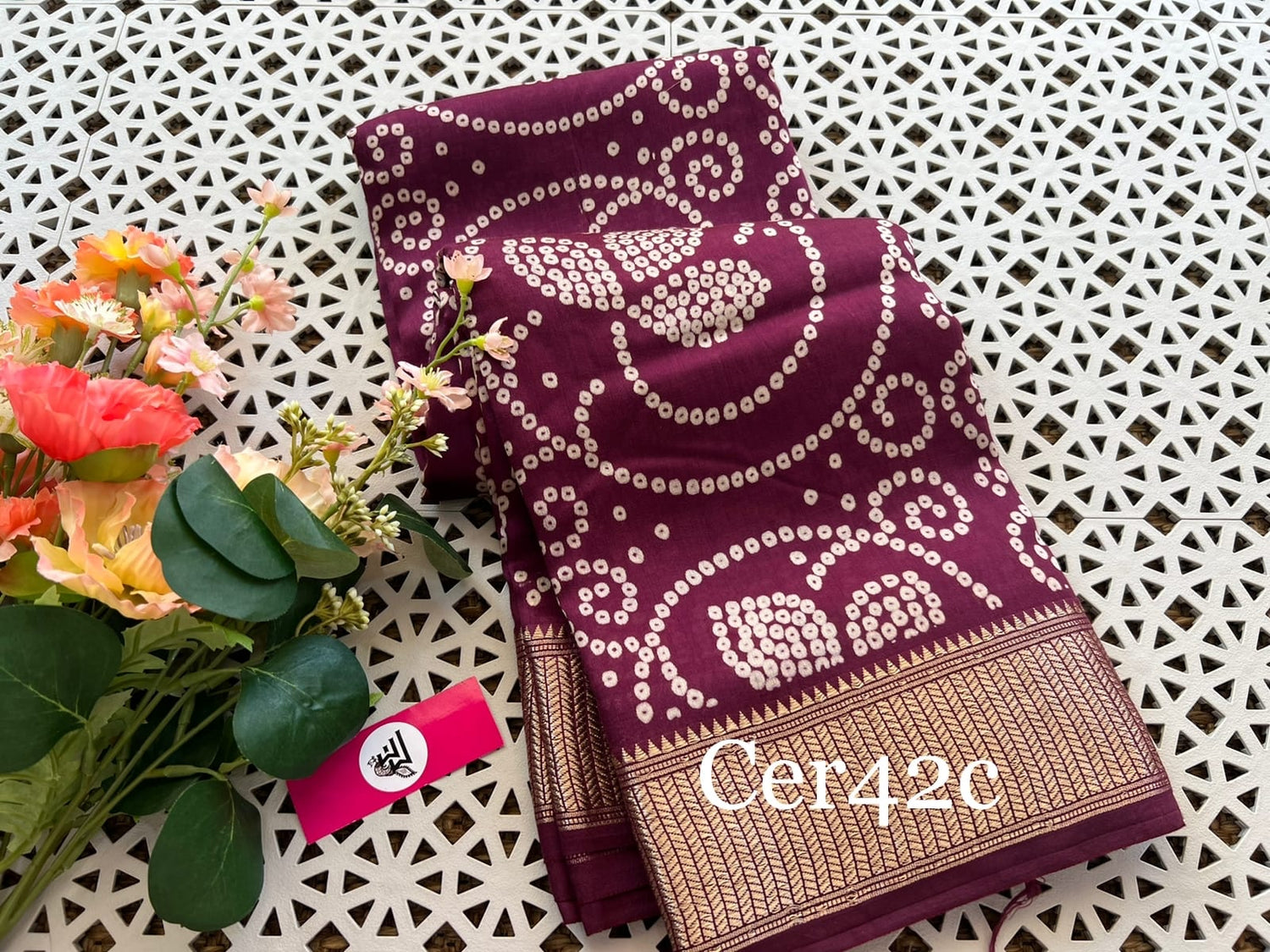 Festive Wear Wine Bandhej Print Gajji Silk Saree With Single Dot Design