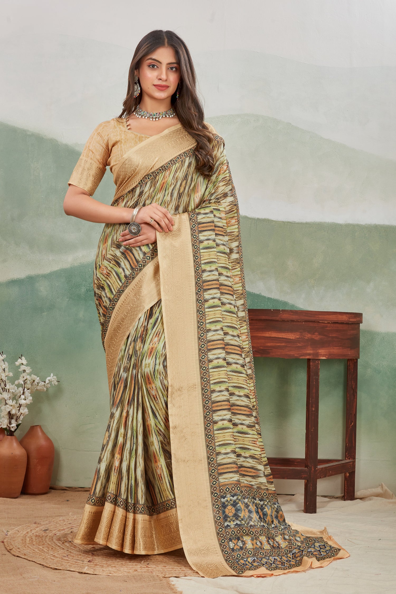 Statement Printed Saree With Batik Art On Viscose Khadi