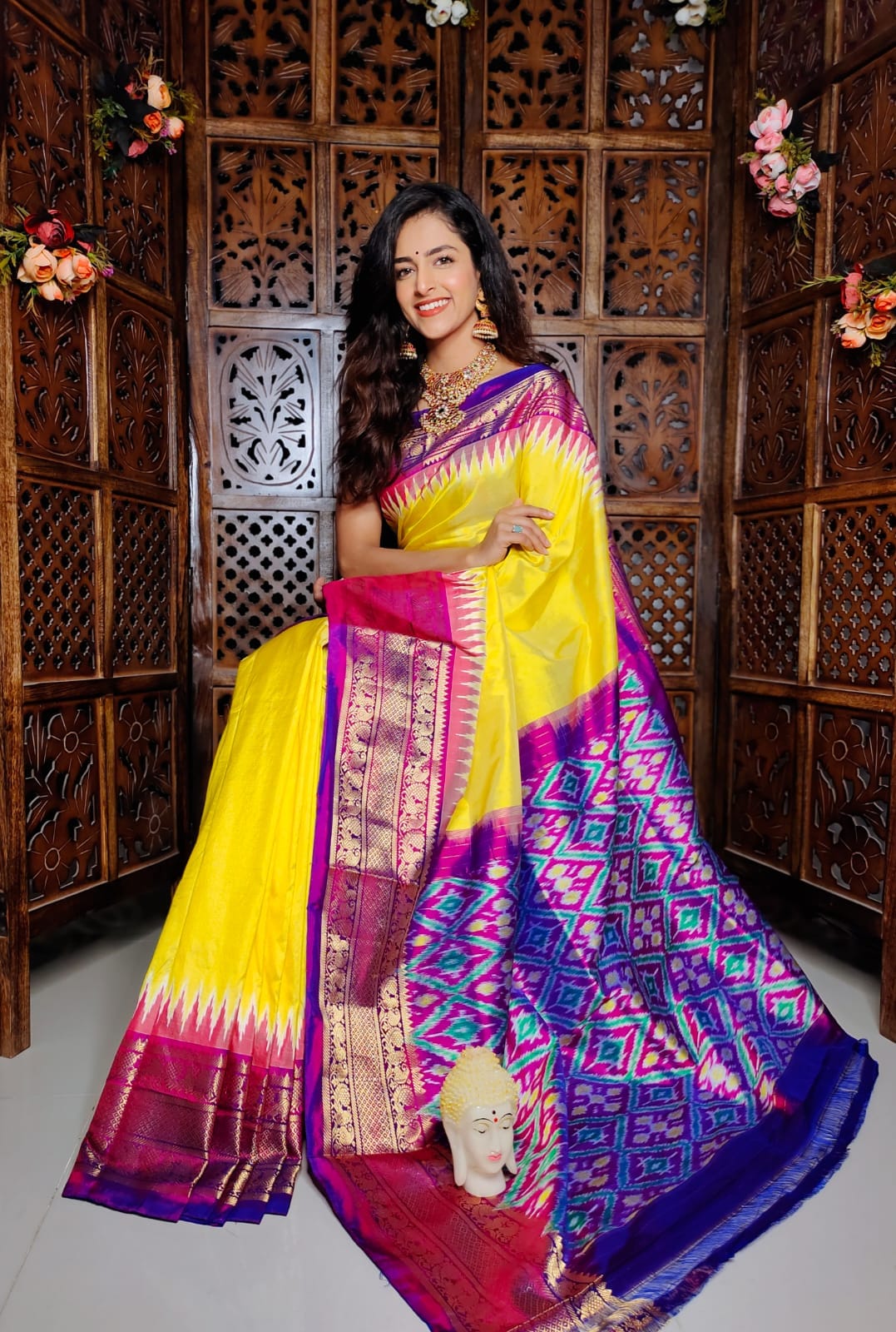 Traditional Kanchipuram Soft Silk Saree With Ikkat Style Digital Print