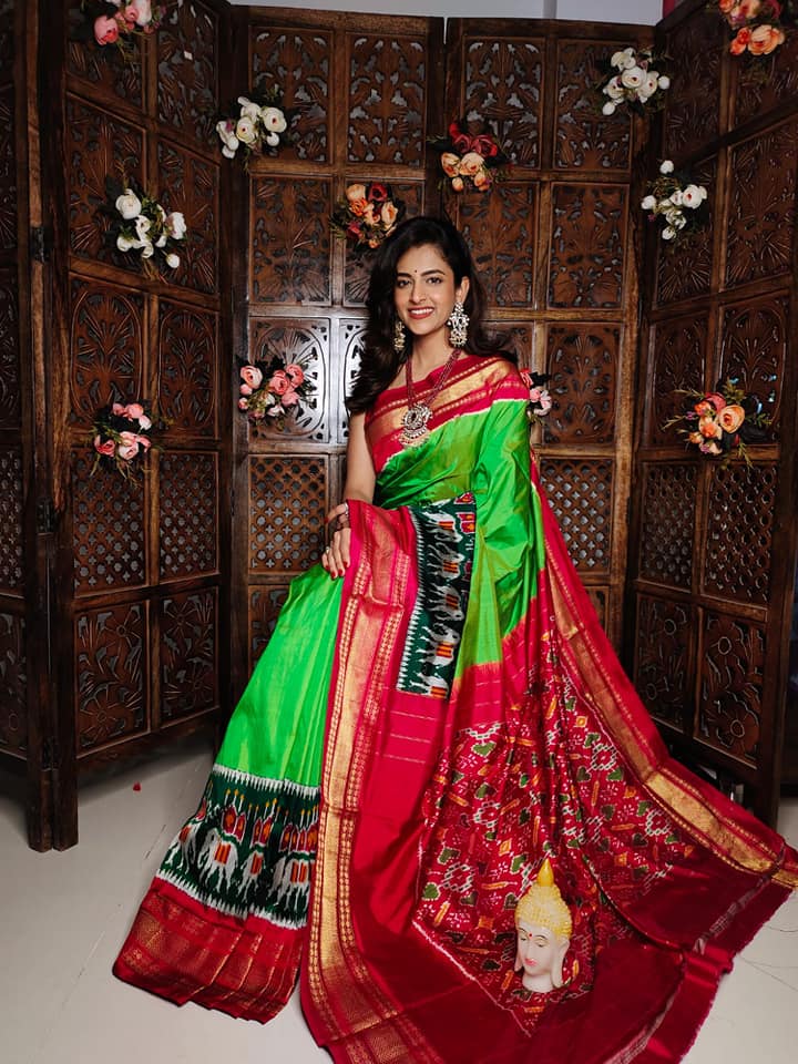 Authentic Ikkat Motif Saree In Handloom Woven Soft Silk