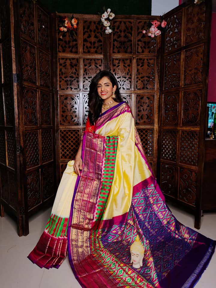 Vibrant Ikkat Printed Kanchipuram Silk Saree With Soft Drape
