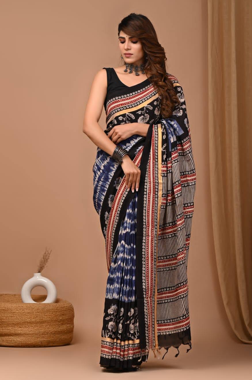 Multipurpose Mulmul Cotton Printed Saree In Blue With Matching Blouse