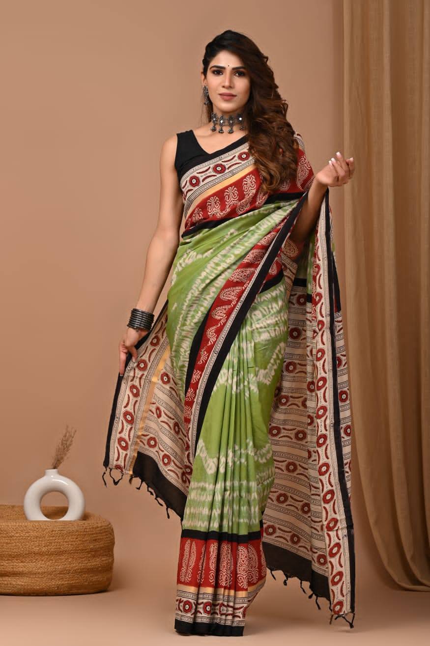 Fresh Look Mulmul Saree In Light Green Cotton With Casual Prints And Blouse