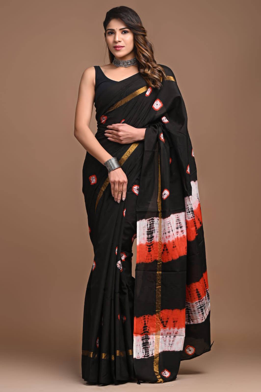 Trendy Ethnic Cotton Saree In Black With Mulmul Weave And Stylish Blouse