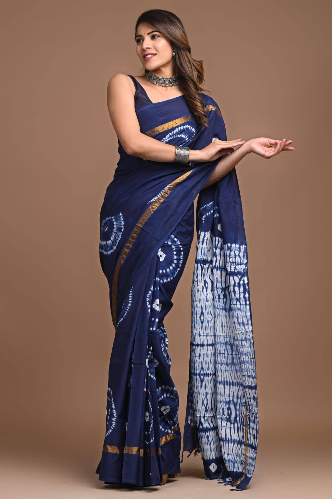 Floral Printed Mulmul Cotton Saree In Navy Blue Casual Elegance With Blouse