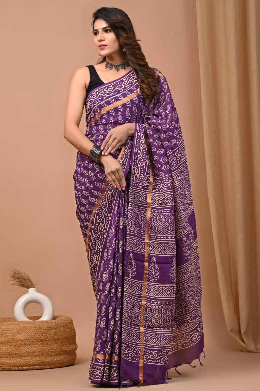 Soft Everyday Saree In Wine Mulmul Cotton With Print And Blouse Piece