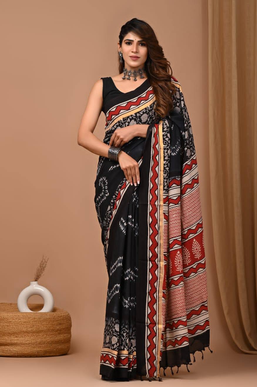 Fashion Forward Mulmul Cotton Saree In Black With Casual Blouse Combo