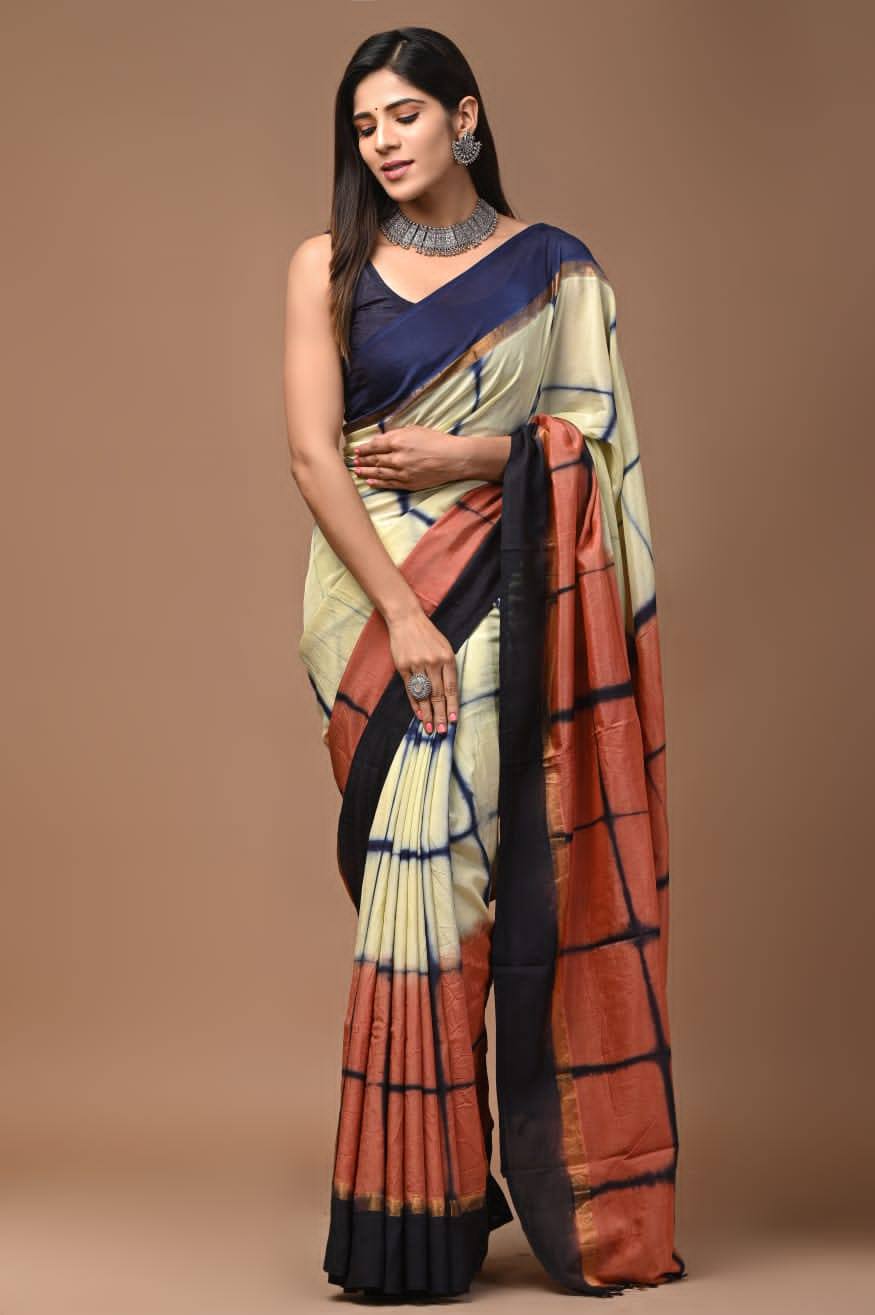 Ethnic Mulmul Printed Cotton Saree In Cream With Blouse Piece Included