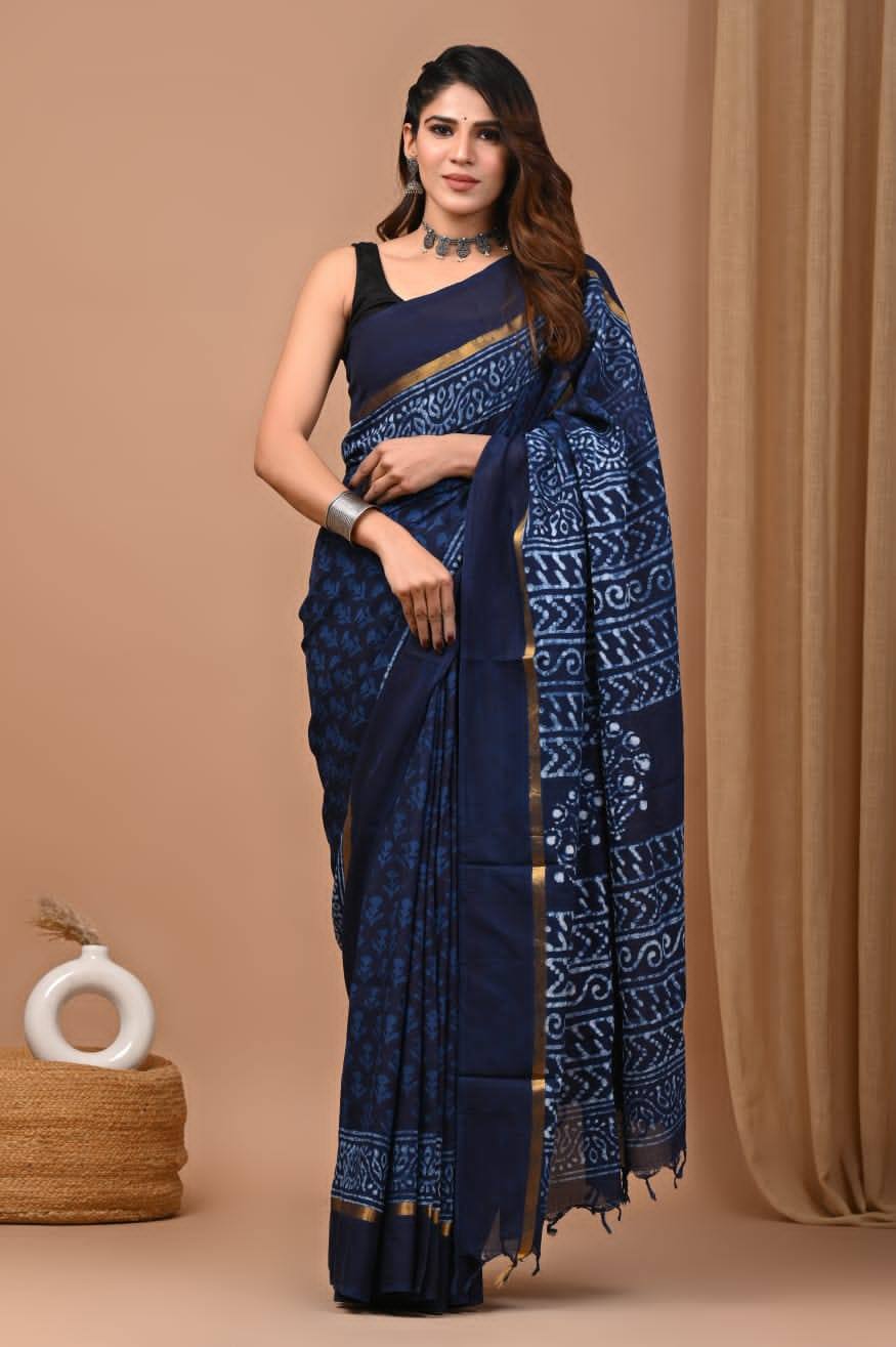 Dark Blue Casual Printed Mulmul Saree With Coordinated Blouse Material