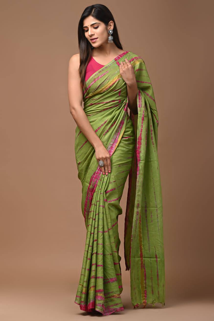 Summer Friendly Mulmul Cotton Saree In Green With Light Print And Blouse
