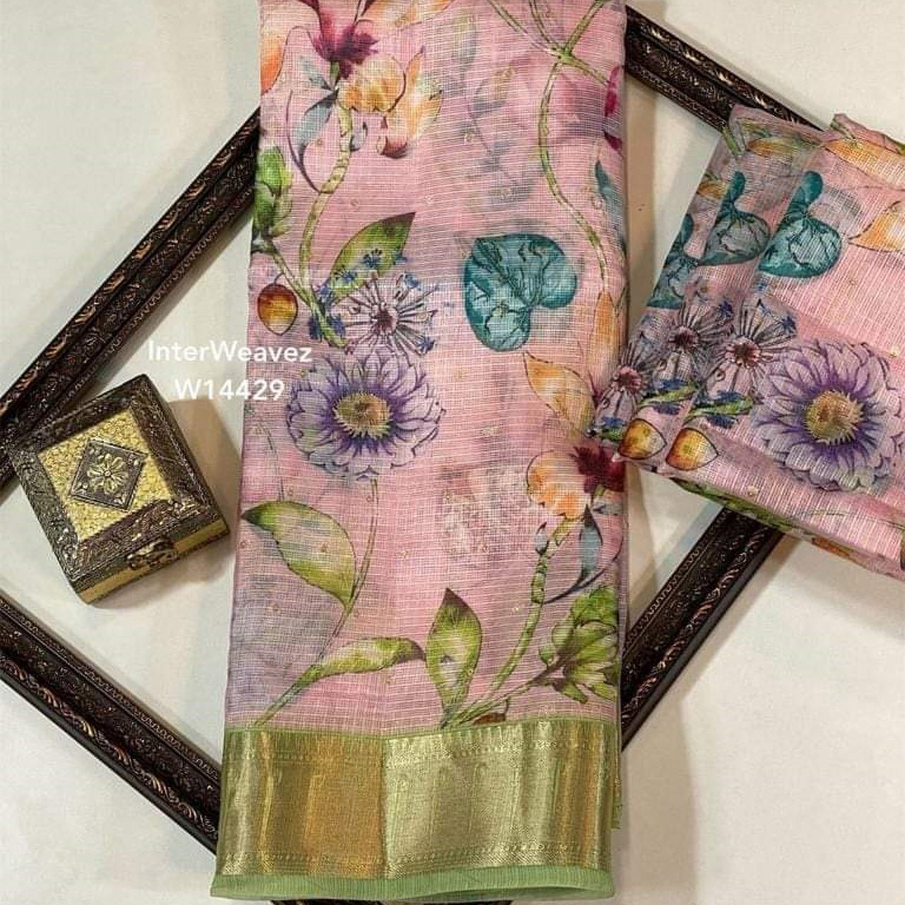 Graceful Pink Zari Woven Kota Silk Saree Artistic Digital Prints