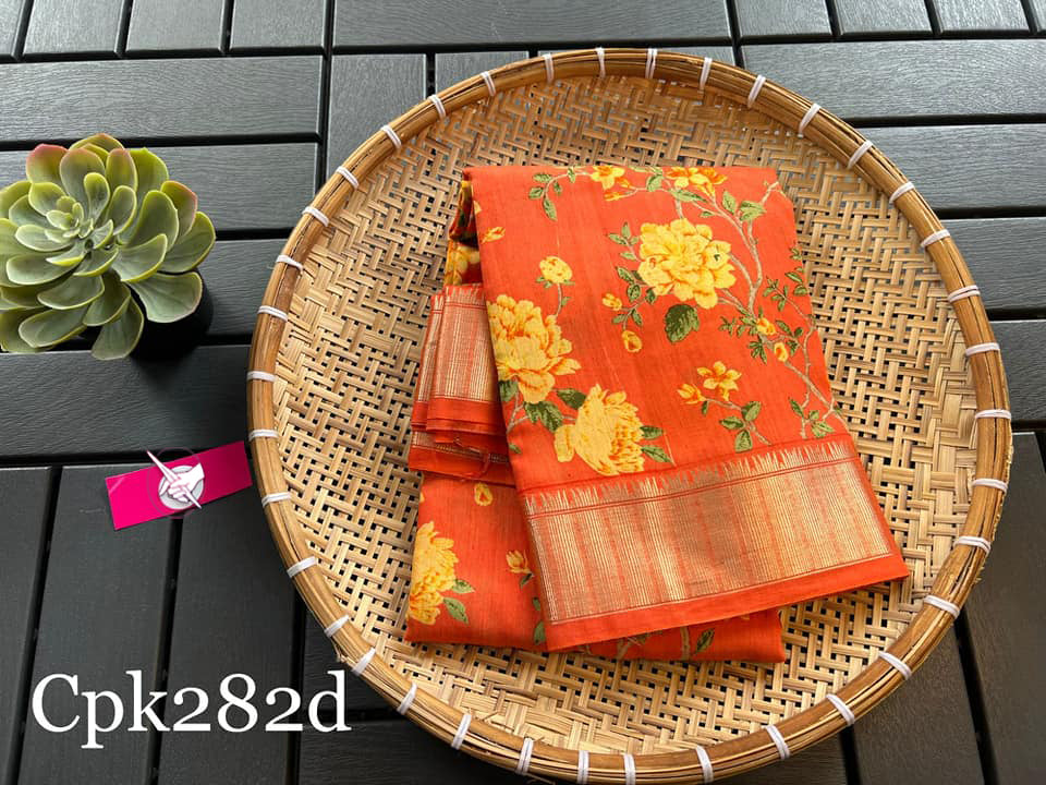 Vibrant Orange Casual Wear Soft Silk Saree With Zari Edging And Modern Digital Prints