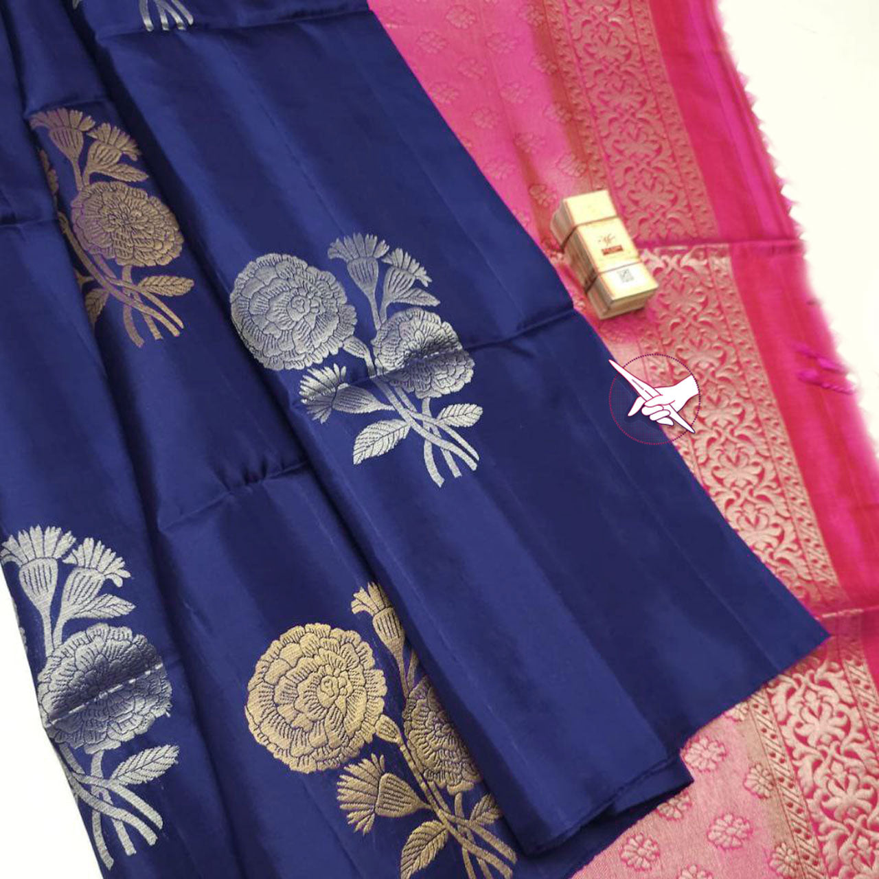 Pure Kanchipuram Silk Saree Navy Blue With Meena Buttas And Grand Zari Pallu