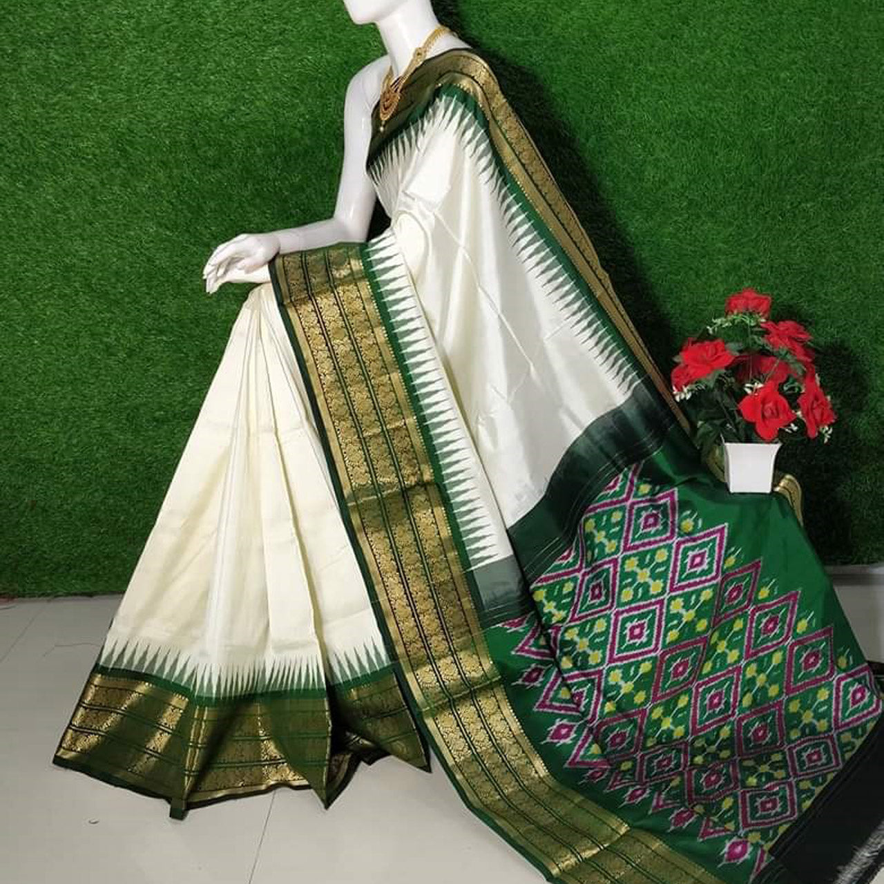 White Traditional Fancy Silk Patola Saree With Woven Zari Kanchi Border