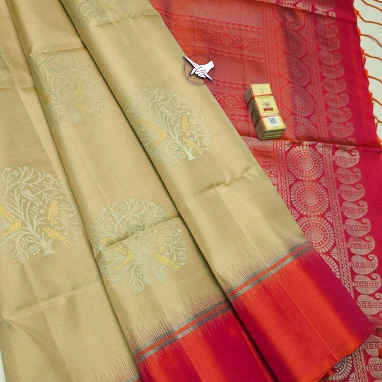 Premium Beige Kanchipuram Soft Lichi Silk Saree Traditional South Fashion