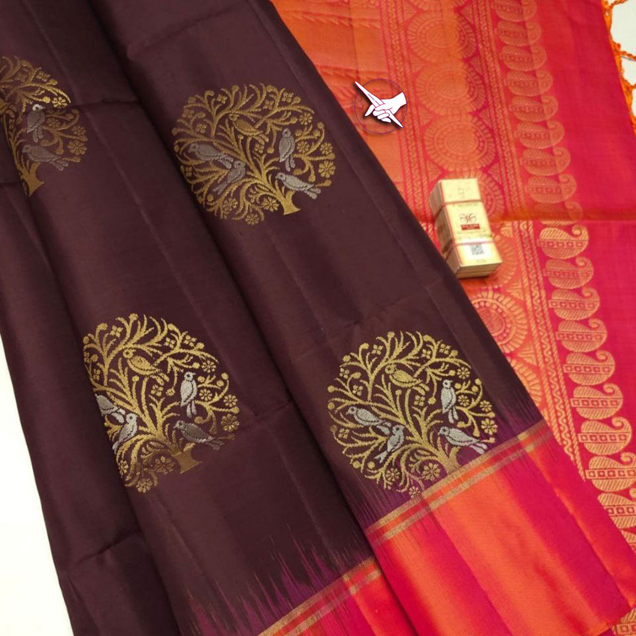 Radiant Brown Lichi Silk Saree With Kanchipuram Weaving South Style Design