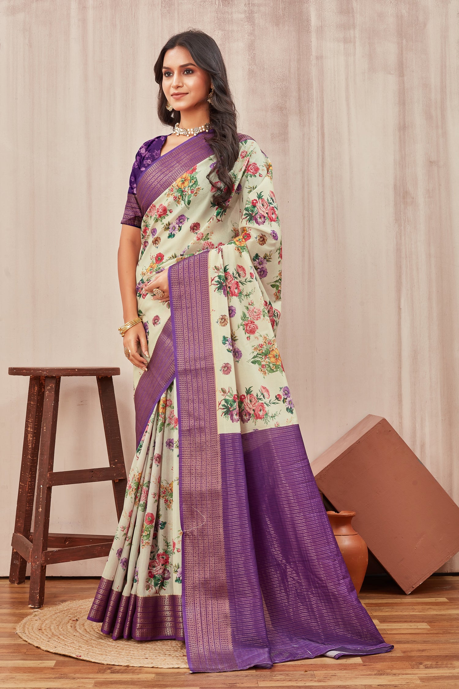 Classic Mysore Crepe Silk Saree With Modern Digital Prints For Everyday Wear