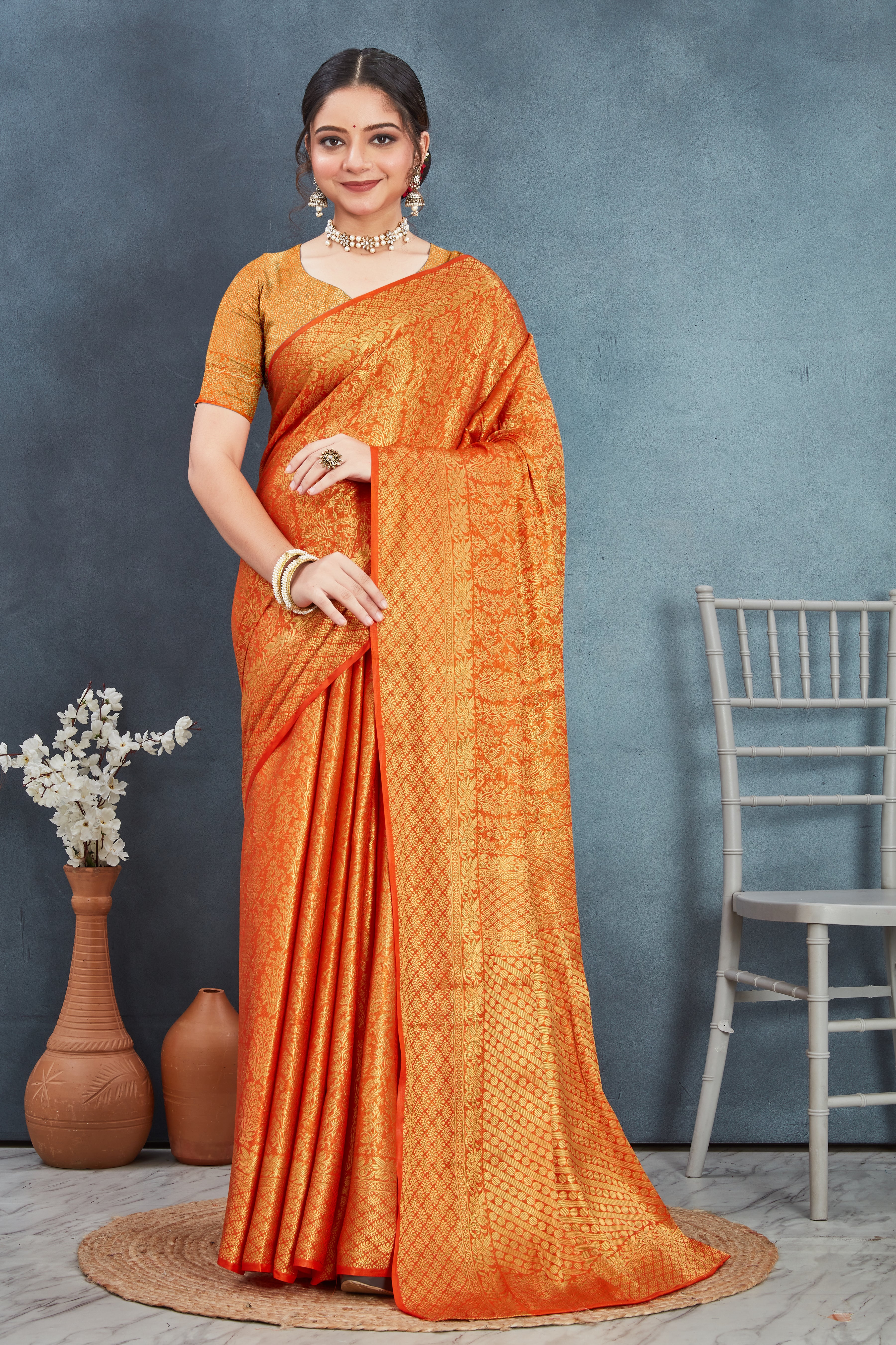 Elegant Mysore Brocade Silk Saree in Orange