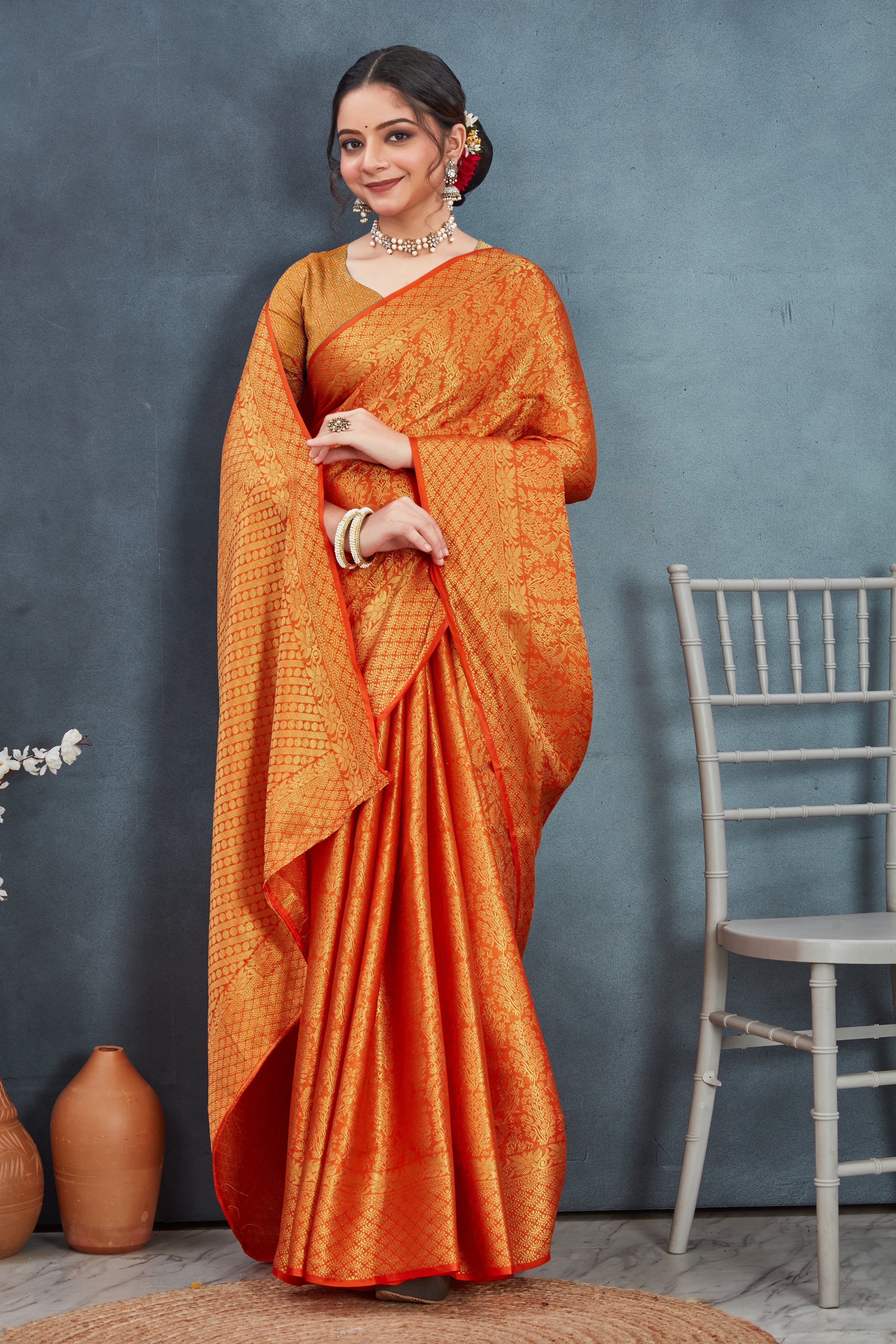 Elegant Mysore Brocade Silk Saree in Orange