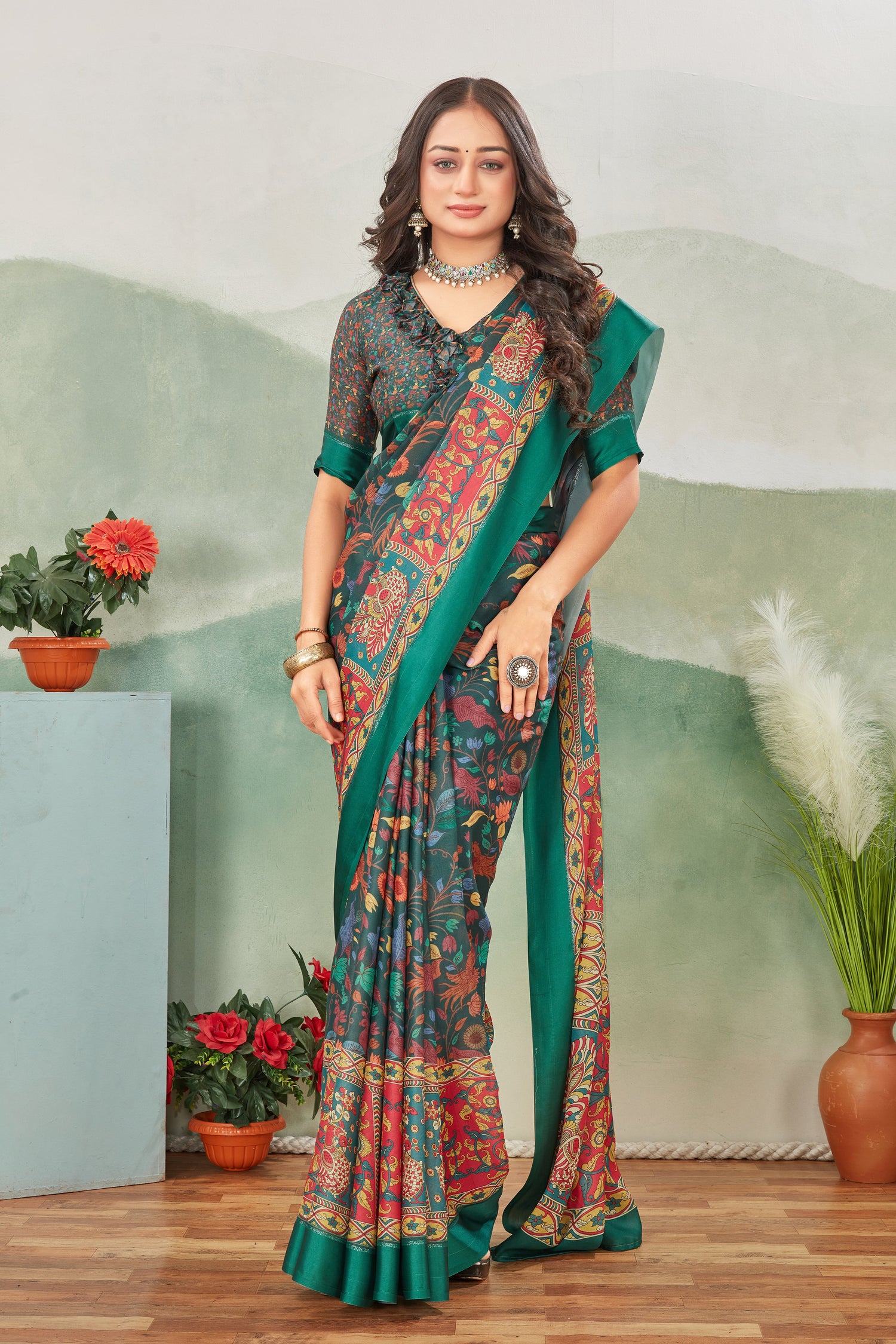 Traditional Yet Modern Parrot Green Viscose Satin Printed Saree For Parties And Ceremonies