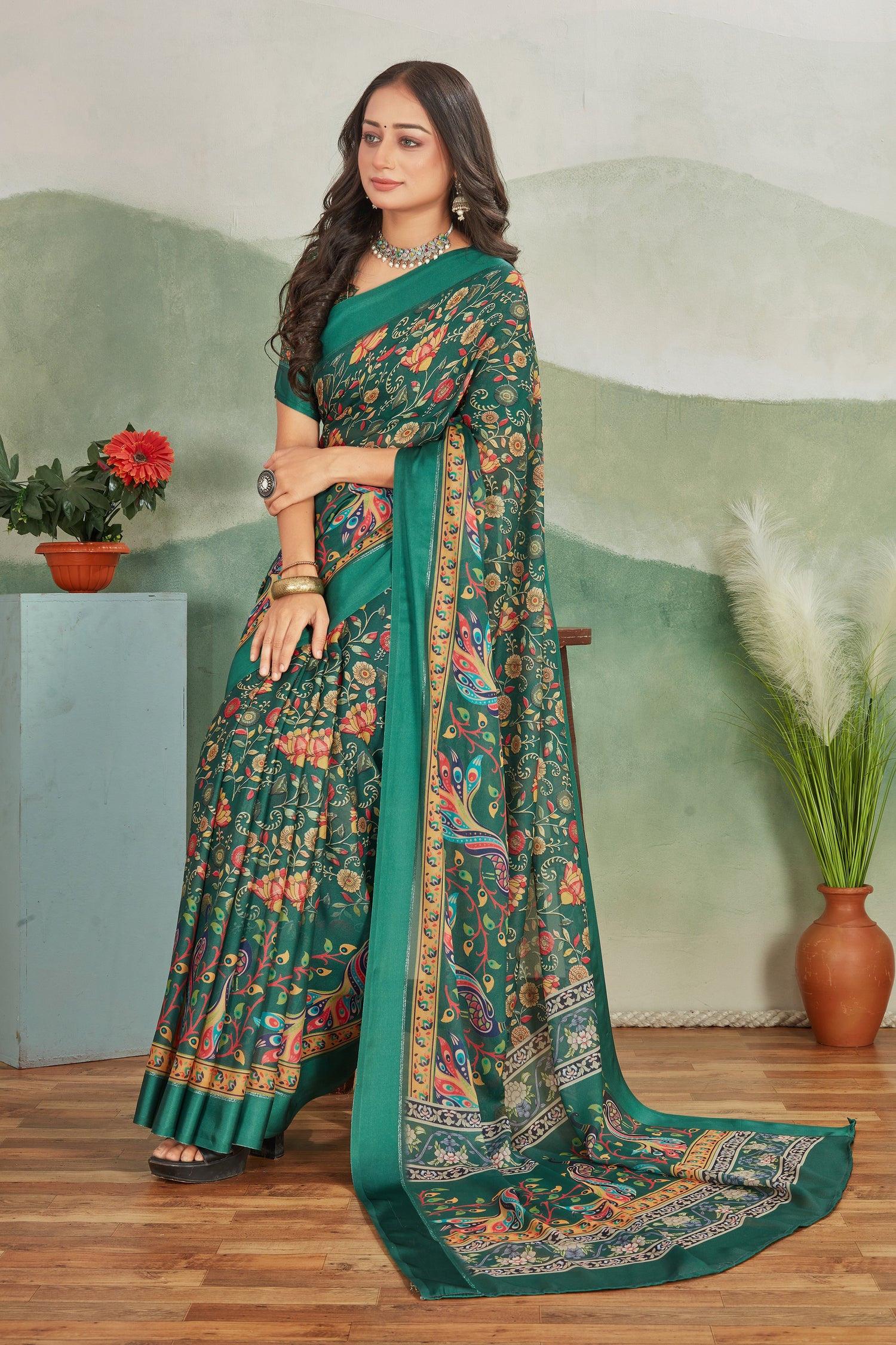 Soft Viscose Satin Saree In Dark Green With Bold Digital Prints Comes With Fancy Blouse Piece