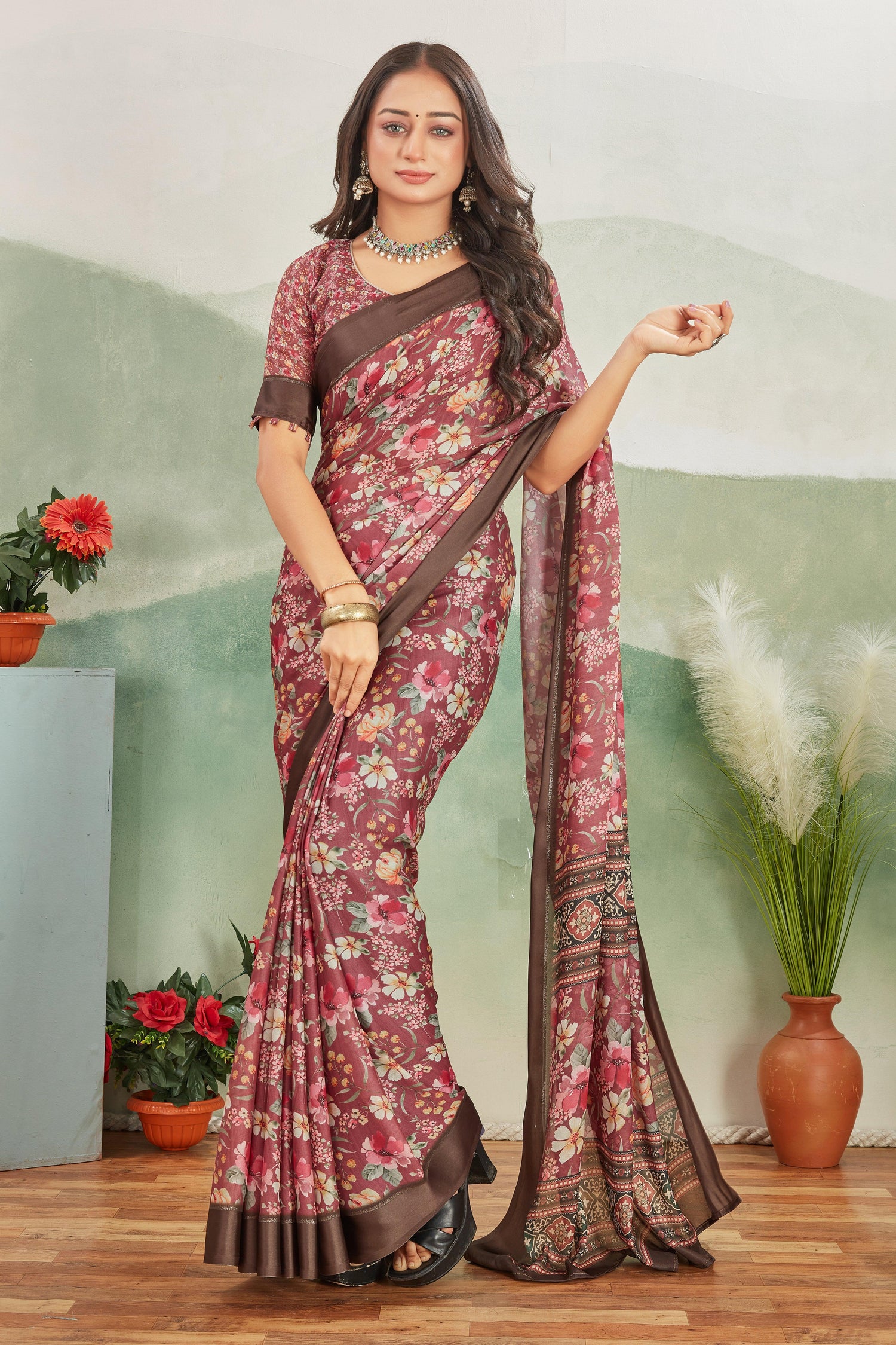 Art Inspired Kalamkari Printed Saree In Rose Gold Pure Mysore Silk Fabric