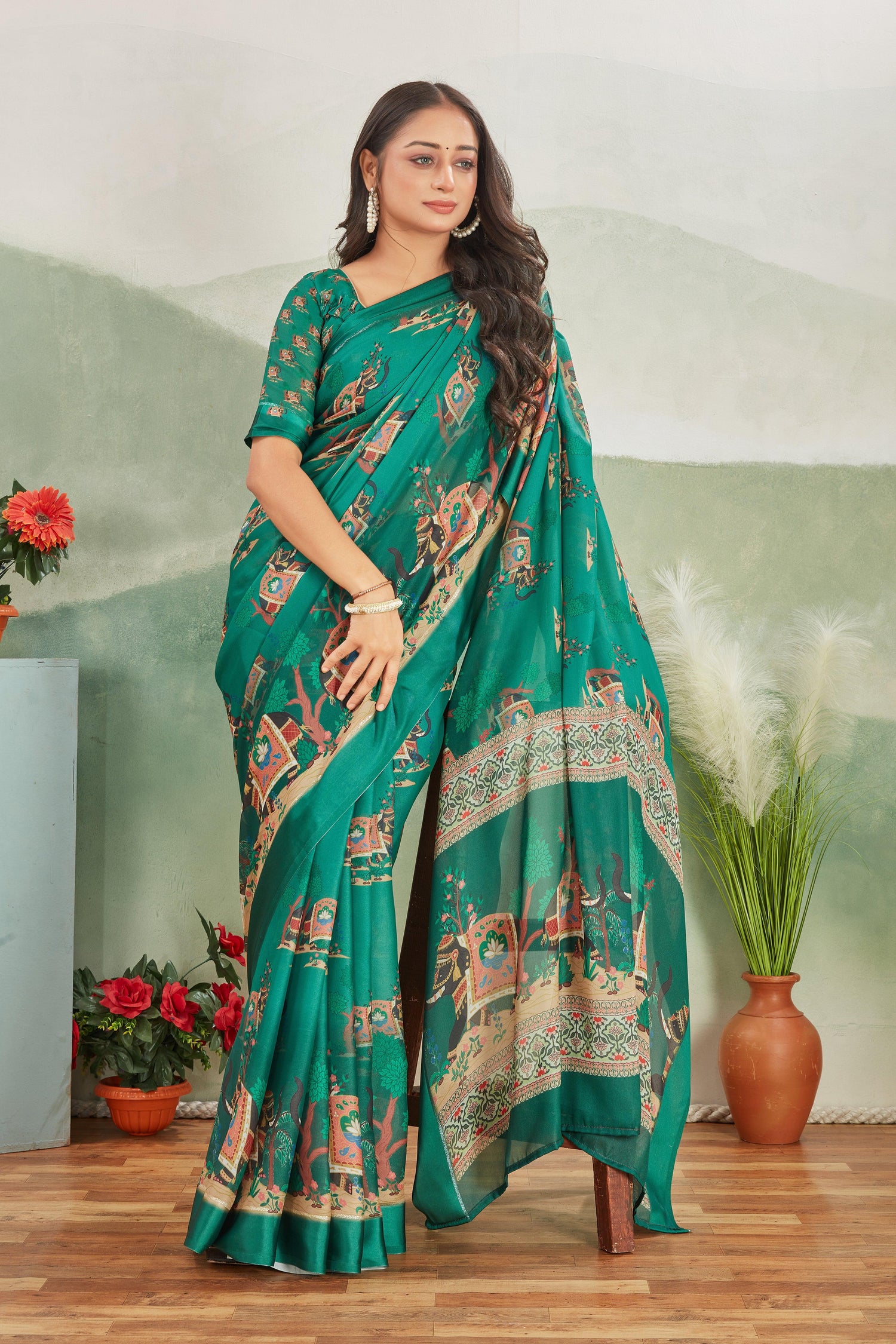 Elegant Rama Mysore Silk Saree With Traditional Kalamkari Prints