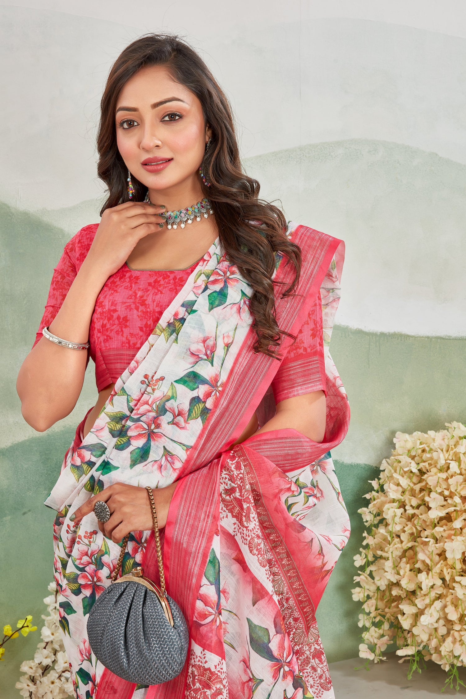Red Pure Linen Saree Printed Casual Daily Wear Style