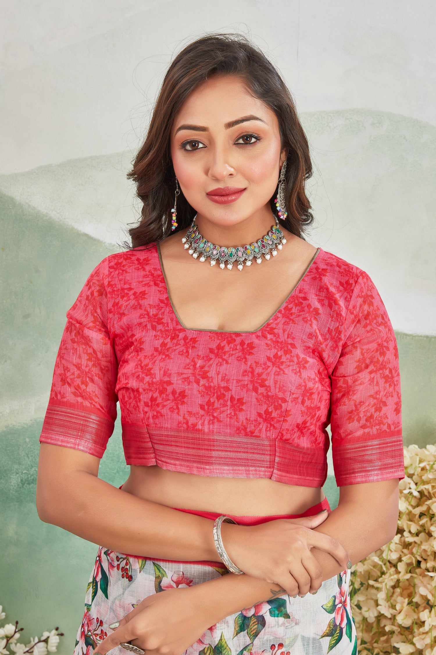 Red Pure Linen Saree Printed Casual Daily Wear Style