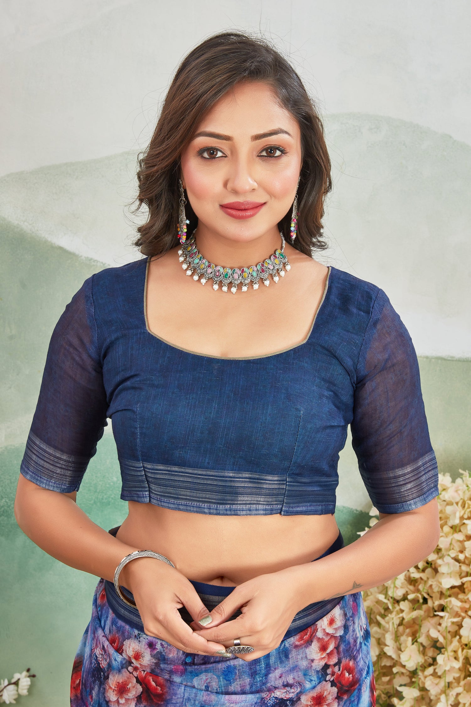 Soft Linen Saree In Navy Blue Printed Design For Everyday Wear