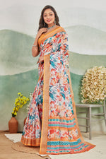 Elegant Orange Printed Linen Saree Pure Fabric For Daily Use