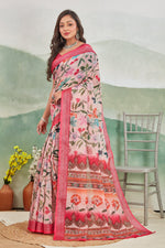 Trendy Daily Wear Saree Pink Pure Linen With Stylish Prints