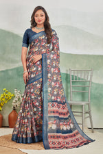 Comfortable Dark Blue Linen Saree Pure Printed Drape For Casual Days