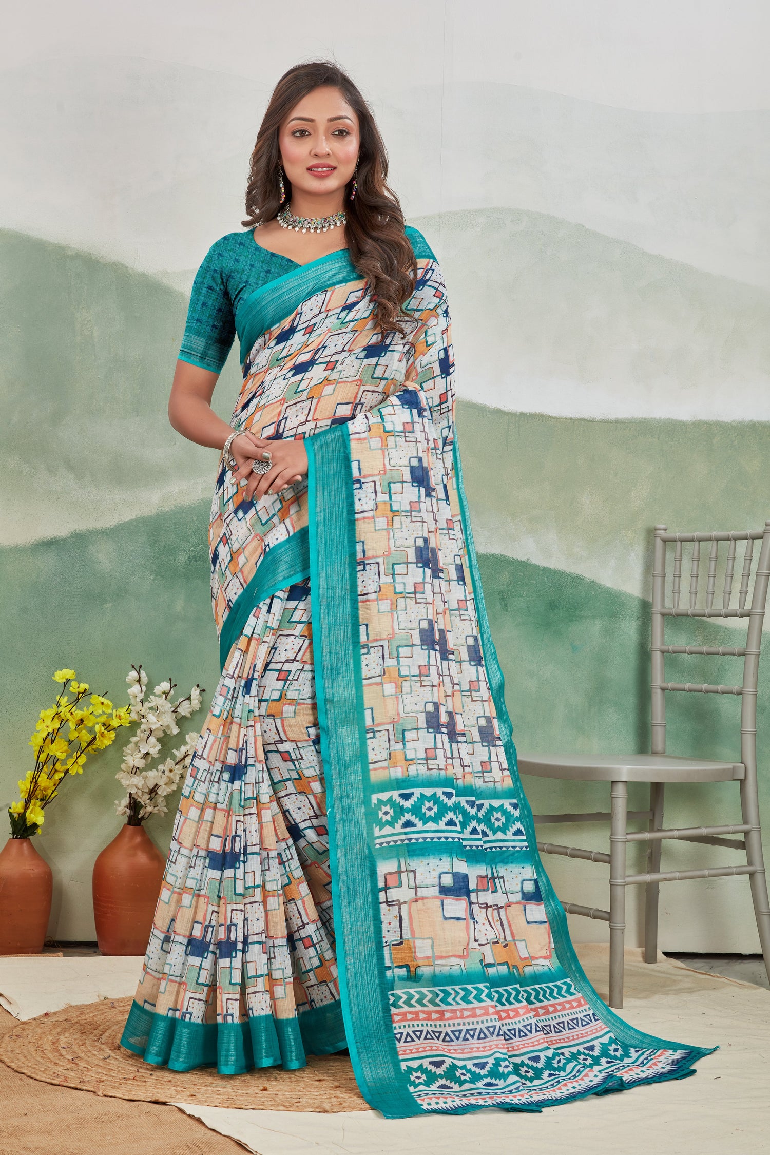 Smooth Linen Silk Saree With Modern Digital Prints Traditional Feel