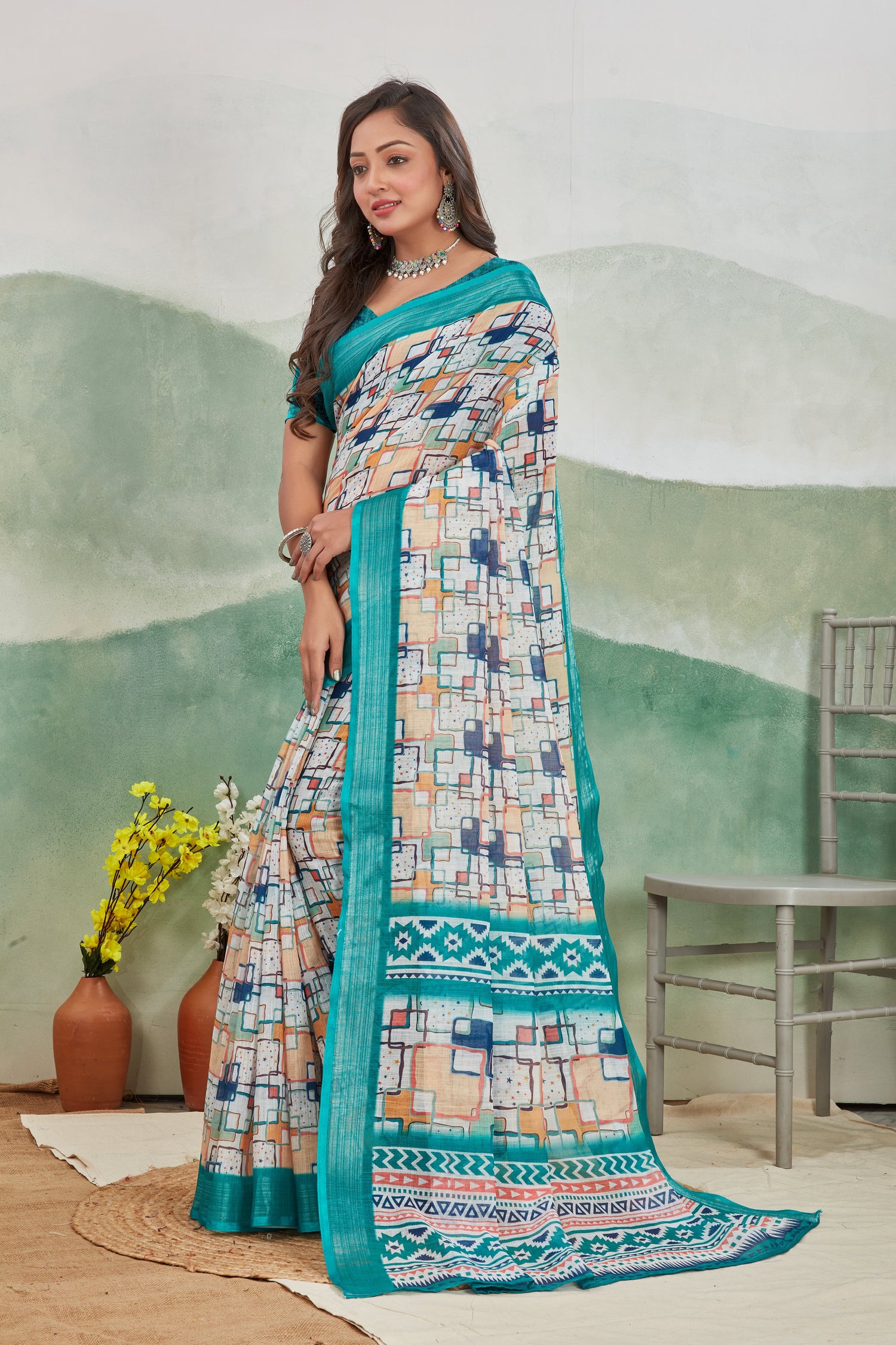 Smooth Linen Silk Saree With Modern Digital Prints Traditional Feel