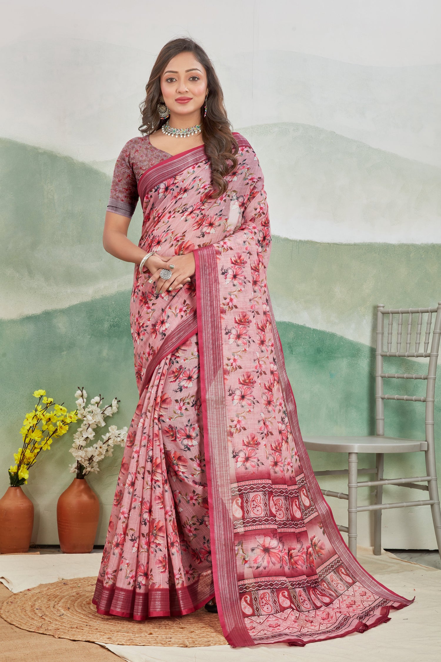 Contemporary Digital Printed Linen Silk Saree With Traditional Touch
