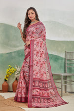 Classic Printed Linen Saree Salmon Pink Daily Use Pure Drape