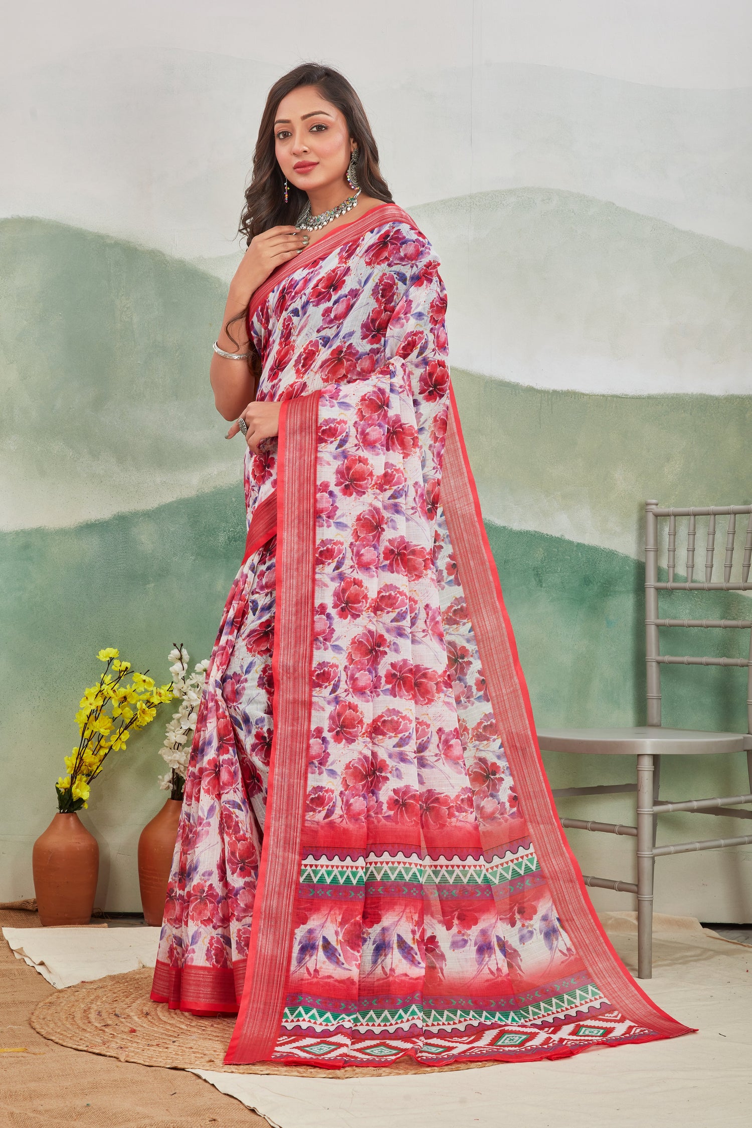 Pink Floral Digital Print Saree In Soft Silk Linen Elegant Ethnic Look