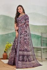 Soft Printed Saree In Wine Pure Linen For Everyday Comfort